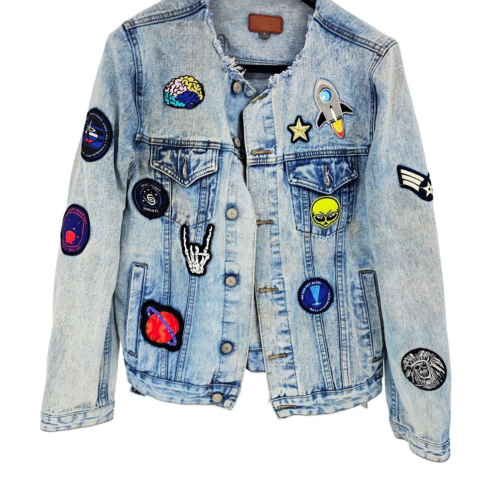 ASOS Retro Denim Jacket Patches Light Blue Space Theme Men's M 3643